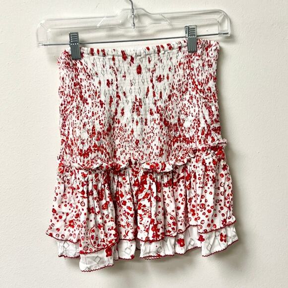 NWT Poupette St Barth Rayon Georgette Print Smocked Mini Skirt White/Red S - Picture 4 of 6
